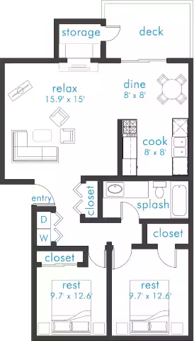 2 Bed 1 Bath B13 floor plan